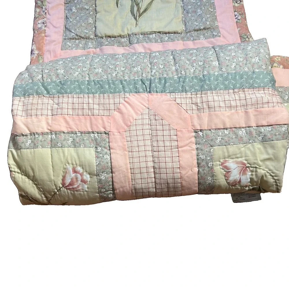 Vintage Sunham Queen Comforter Shams Tulip Floral Patchwork Sage Pink Cottage